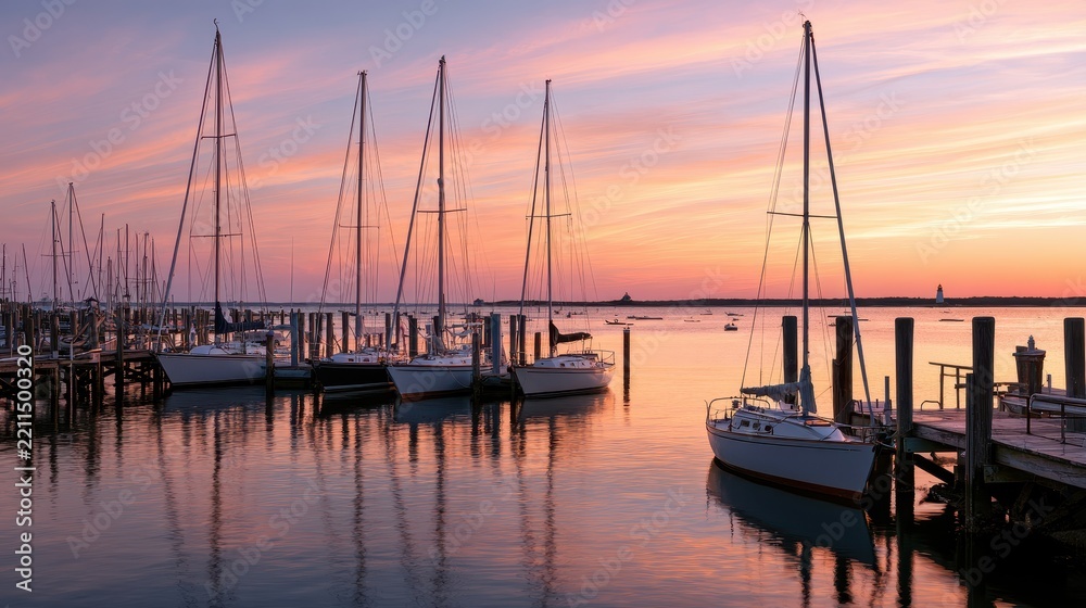 Fototapeta premium Wide-angle coastal harbor at golden hour with moored sailing vessels