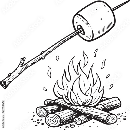 Roasting marshmallow on stick over campfire Hand-drawn Sketch Drawing Vector Illustration, Line Linear Symbol Black and White Engraving, Isolated