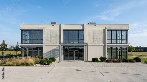 Exterior view of a large modern industrial warehouse and commercial distribution center with blue sky