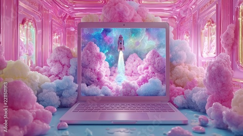 Laptop Displaying Rocket in a Dreamy Pink Setting