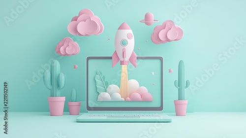 Laptop launches a rocket, amid soft clouds and cacti