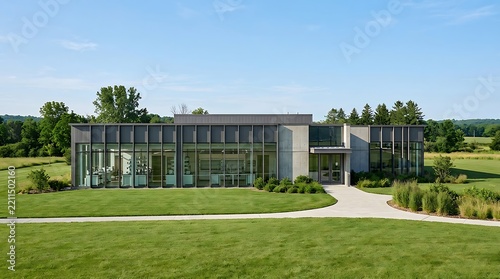 Exterior of a modern commercial office building with glass windows and landscaped green lawn