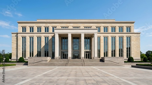 Symmetrical front view of a classic stone neoclassical public building with pillars under a clear blue sky