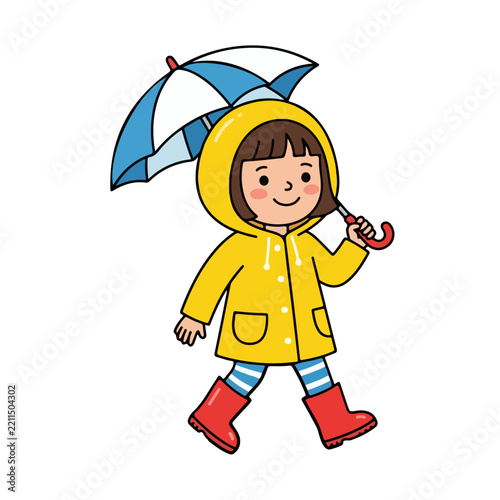 Cute Little Girl in Yellow Raincoat and Red Boots with Umbrella