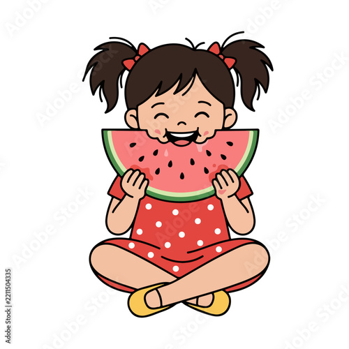 Happy Little Girl Eating a Large Slice of Watermelon