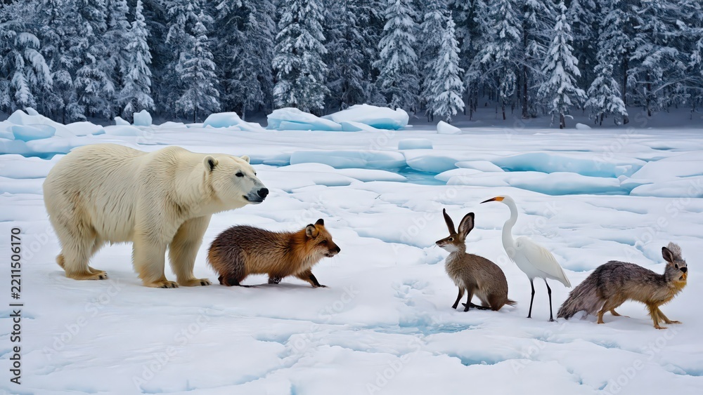 Fototapeta premium Arctic Wildlife Gathering at a Pond: Fox, Reindeer, and Bird in a Snowy Landscape, Natural Habitat, Winter Scene