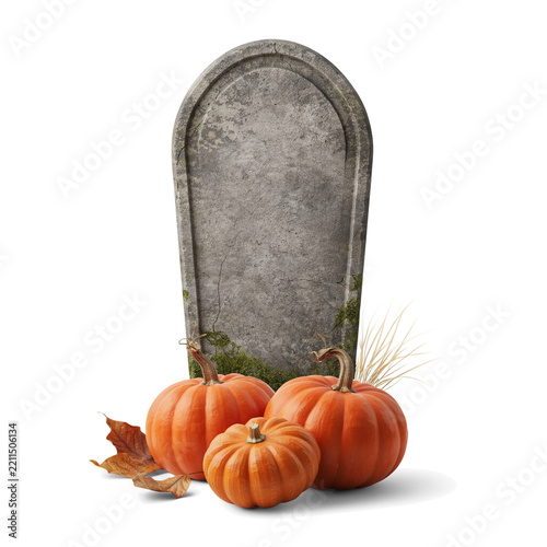 Stone tombstone with pumpkins and autumn leaves isolated on a transparent background