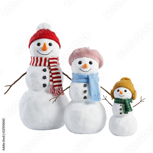 Three snowman figurines with winter accessories isolated on a transparent background
