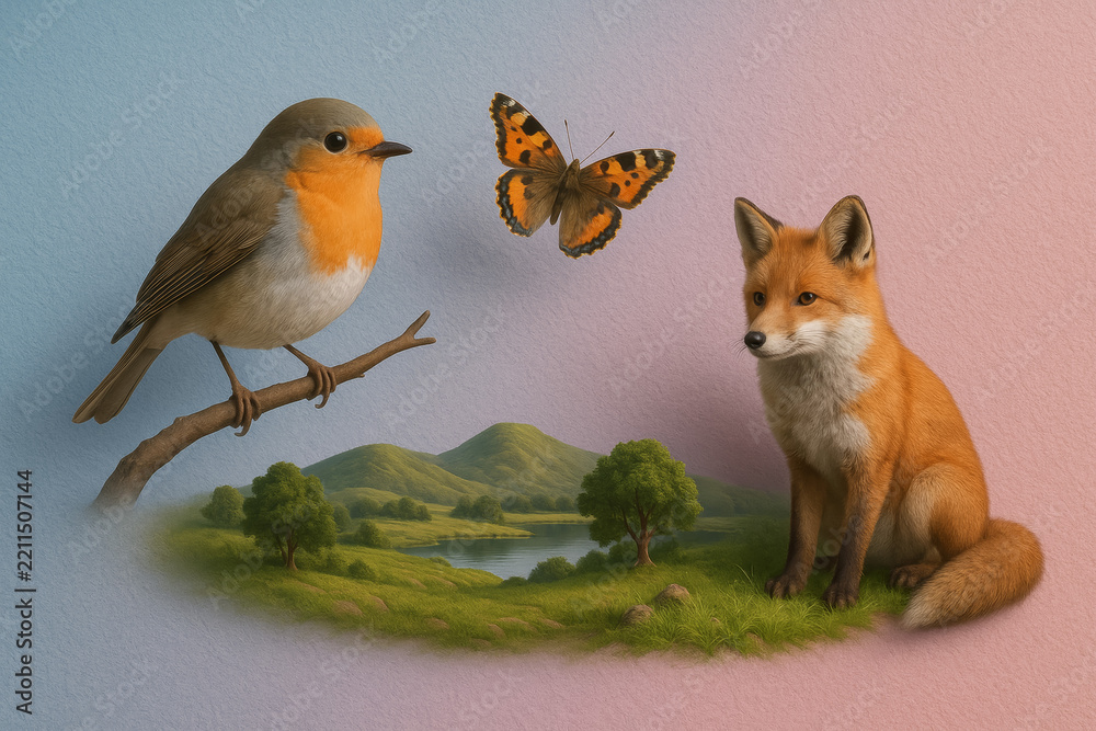 Fototapeta premium Fox robin and butterfly surround miniature green landscape illustration