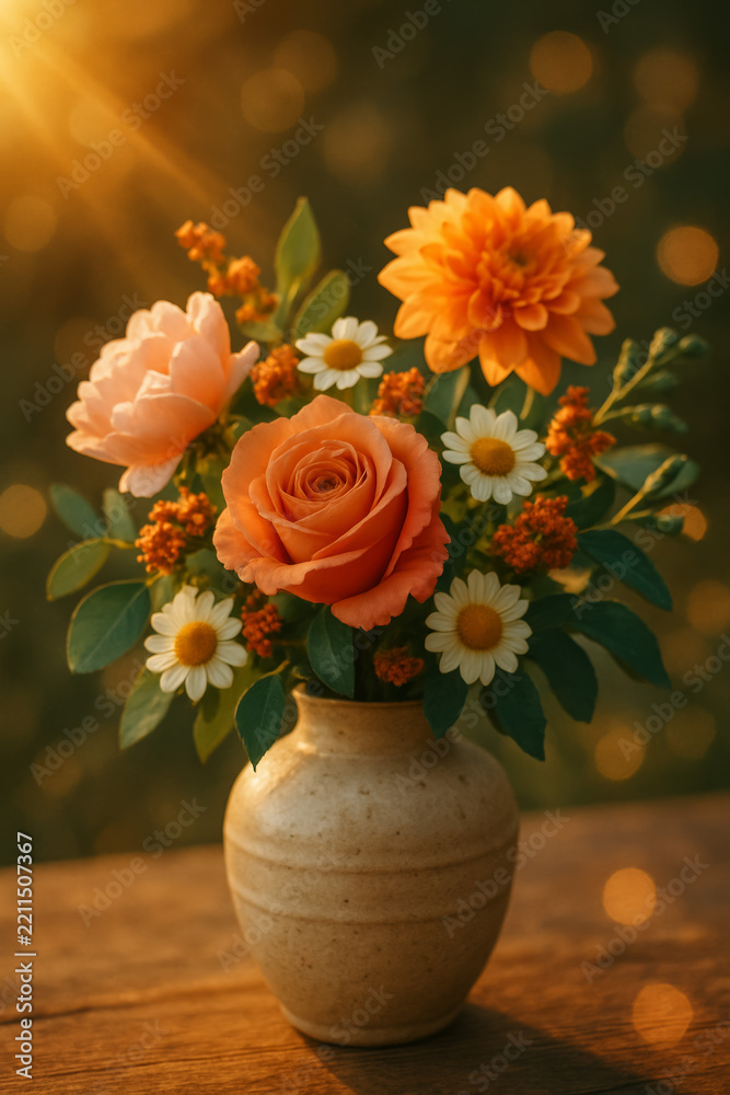 Fototapeta premium Orange rose and dahlia bouquet in a rustic ceramic vase