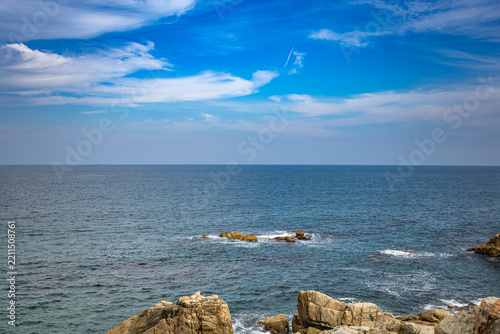 Dramatic Geological Fault Line and Unique Rock Formations along Haeparang-gil Coastal Trail in Yeongdeok, South Korea (Scenic Coastal View of Exposed Rock Strata and Deep Blue Sea)