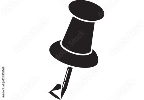 Minimalist black push pin silhouette icon in vector style for office documents and notes