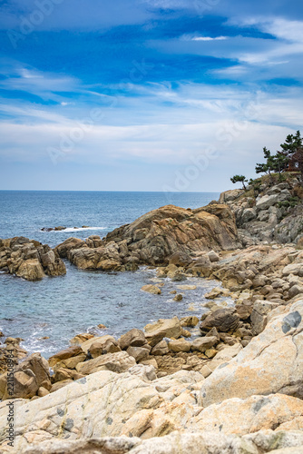 Dramatic Geological Fault Line and Unique Rock Formations along Haeparang-gil Coastal Trail in Yeongdeok, South Korea (Scenic Coastal View of Exposed Rock Strata and Deep Blue Sea)