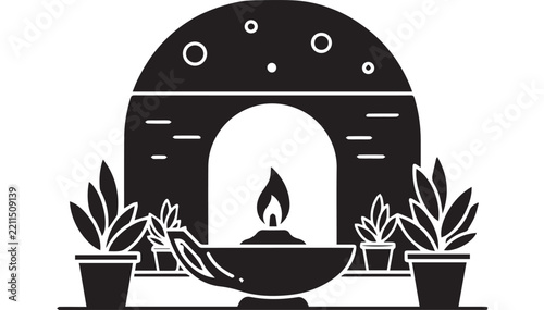 Minimalist black and white candle burning inside alcove with potted plants and night sky view