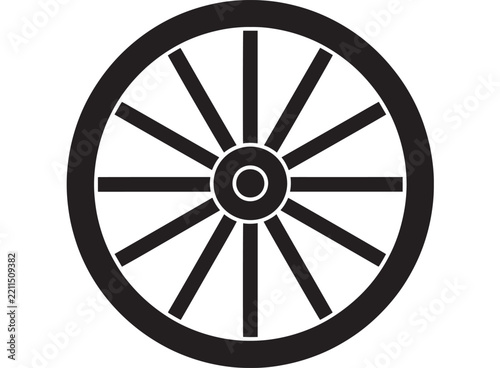 Minimalist black wooden wagon wheel vector icon with spokes and hub