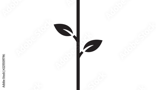 Minimalist black plant stem with simple leaves silhouette on white background