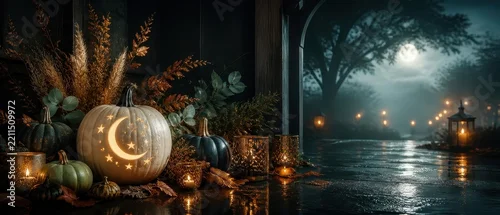 Panel kuchenny z motywem Moody autumn still life with glowing pumpkin beside moonlit lake
