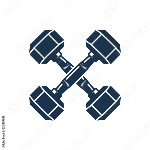 Two crossed dumbbells form an X-shape on a white background, representing fitness and strength training equipment.
