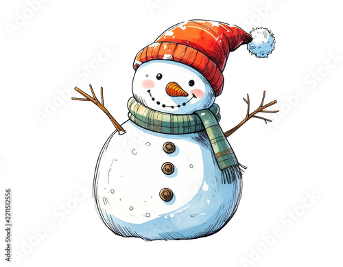Festive Snowman Illustration With Carrot Nose, Branch Arms, and Winter Scenery