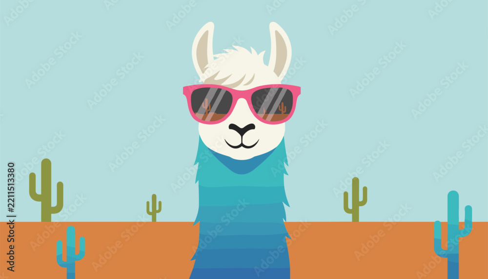 Obraz premium Close up portrait of a fluffy llama wearing bright pink sunglasses against a desert landscape with colorful cacti and a clear blue sky.