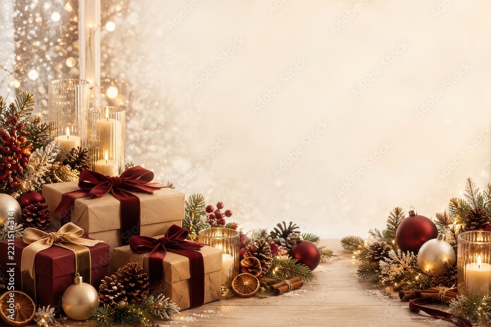 Fototapeta premium Elegant Christmas gifts, ornaments, candles, festive evergreen decor