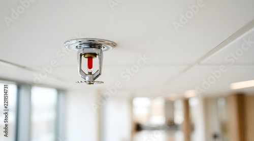 Fire sprinkler head mounted on white office ceiling