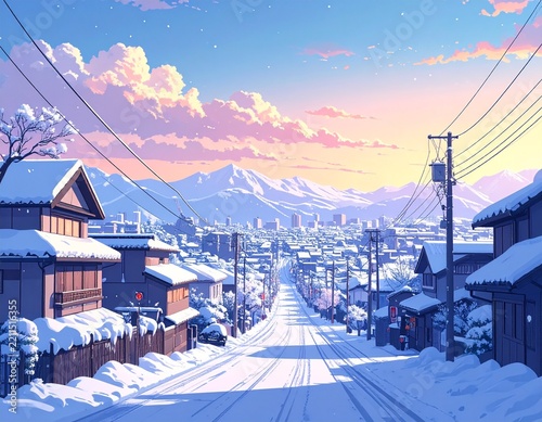 Japanese Winter Neighborhood With Snow Covered Roads, Houses, and Dramatic Mountains