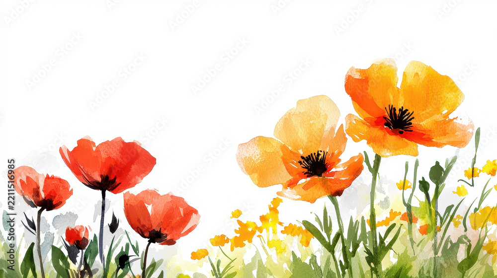 Fototapeta premium Beautiful watercolor painting of vibrant flowers shades of orange and red, surrounded by lush green foliage, evoking sense of tranquility and joy