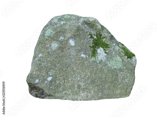 Large granite boulder with moss and lichen isolated on white background.