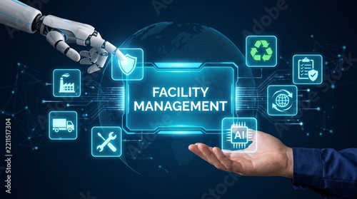 Futuristic Concept of Facility Management with Robotic Hand and Digital Icons Representing Technology, Automation, and Service Industries. Glyphic. 