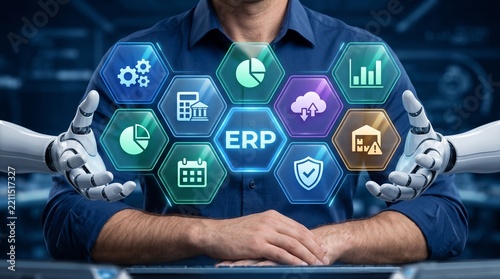 Futuristic robot hands interacting with digital icons representing data analytics, enterprise resource planning, and technology advancements in a modern workspace Fluxor. 