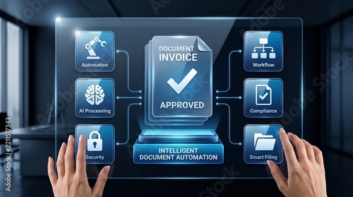 Intelligent document automation system with holographic file approval interface, AI processing and smart workflow compliance technology concept. 