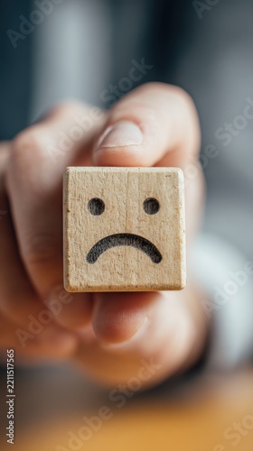 Hand Holding Sad Face Wooden Block for Negative Customer Feedback