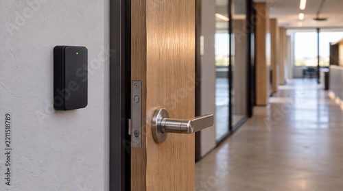 RFID Access Control Reader Beside Modern Office Door in Corporate Hallway