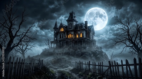 Spooky haunted mansion silhouetted against a full moon on a dark and misty night