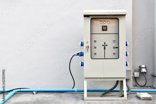 outdoor industrial electrical control cabinet with power sockets and cable connector