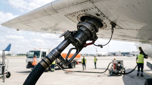Airplane refueling at airport with fuel hose and ground crew