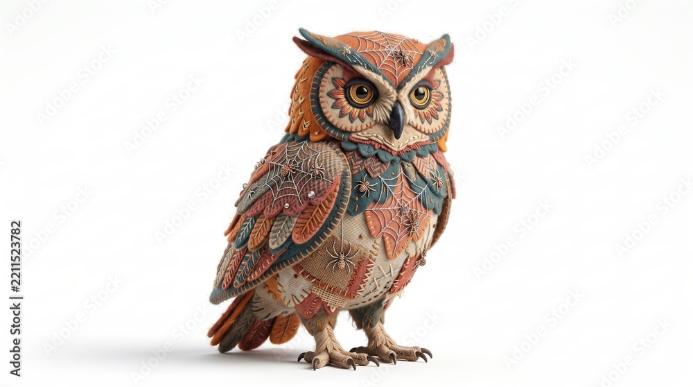 Obraz premium Vintage felt owl ornament with intricate embroidery on a white background