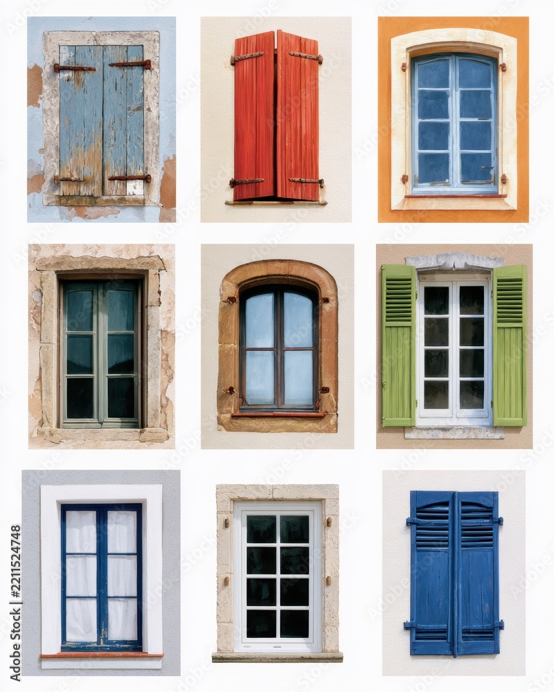 Obraz premium Collage of colorful windows and shutters on white grid background for architecture design travel editorial and facade study