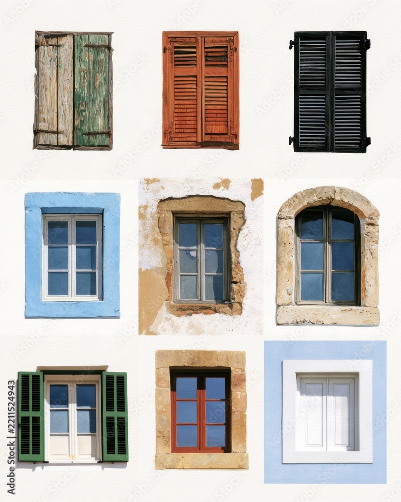 Obraz premium Collection of vintage rustic window frames with peeling plaster facades for design, poster, background emphasizing textured stone and stucco details
