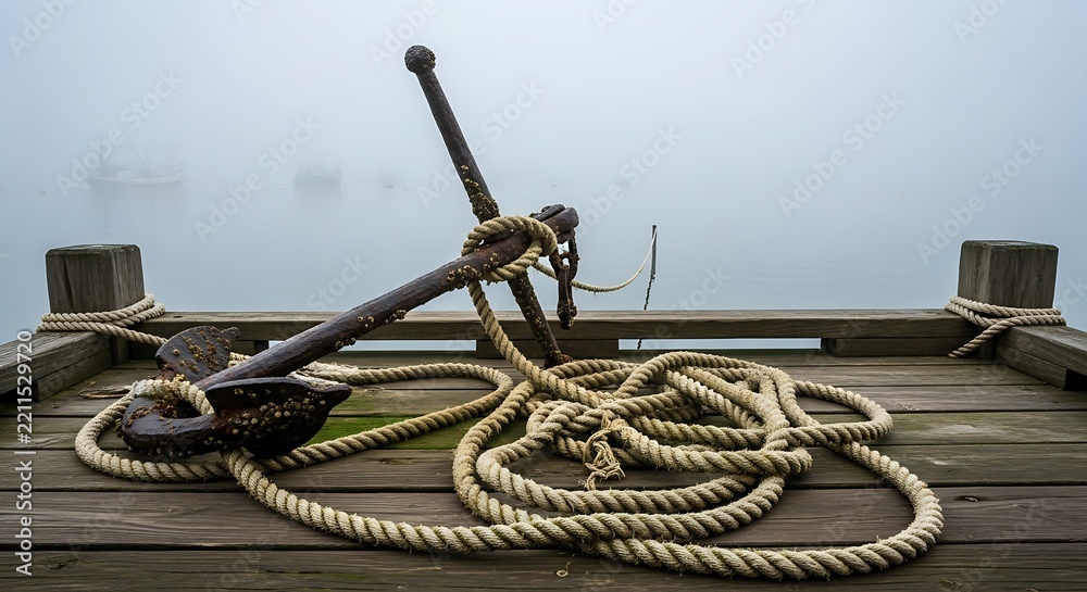 Fototapeta premium A rusted iron anchor with coiled rope resting on a weathered wooden pier in fog