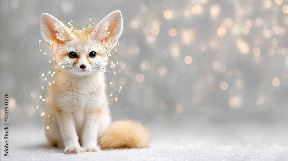 Fototapeta premium Adorable fennec fox with fairy lights on soft blanket and glittering background
