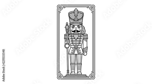 Isolated Nutcracker Soldier Line Art with Ornate Frame