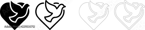 Peace Dove and Heart solid icon set. Features four unique styles