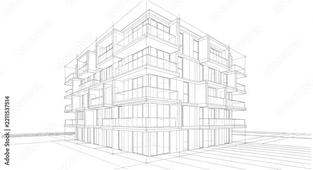 Fototapeta premium Architectural wireframe rendering depicts a modern multi-story residential building with balconies and large windows on a white background, suggesting a blueprint or design phase.