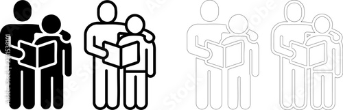 Parent and child reading book solid and outline style icon set