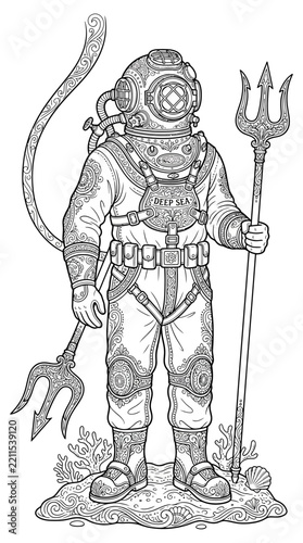 Vintage Diver with Trident and Coral Illustration - Isolated on Transparent Background