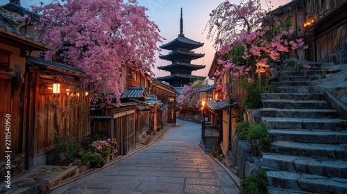 Traditional Japanese Street Scene with Cherry Blossom Trees and Pagoda at Sunset