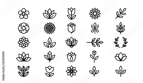 Minimal Abstract Flower Icon Collection Isolated on White Background