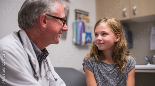 Doctor and Young Girl Patient Engaged in Conversation in Medical Office